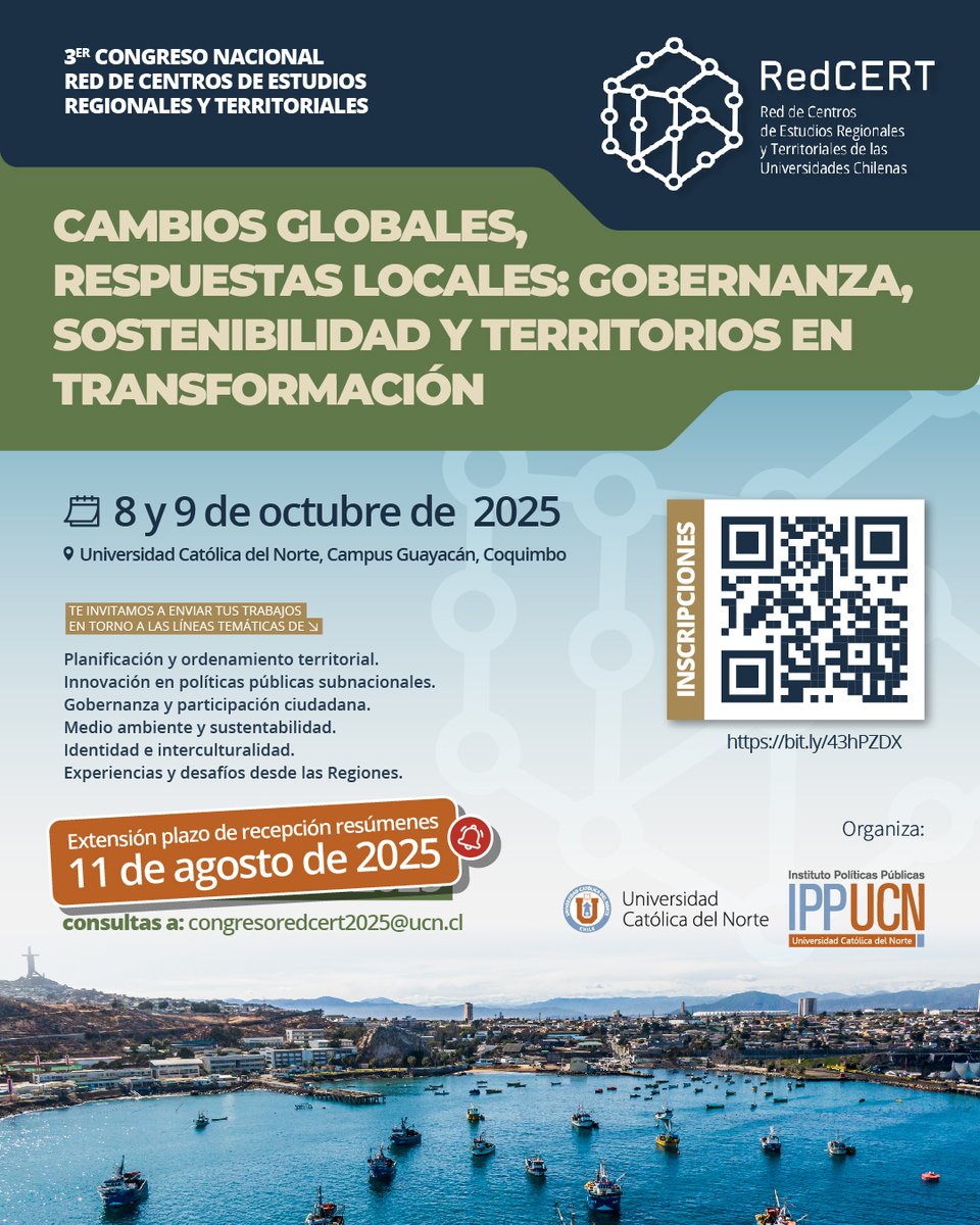 ⚠️Extensión plazo envío resúmenes📢¡Aún estás a tiempo de participar en el 3er Congreso Nacional y 11° Encuentro de la <a href="/redcertchile/">Redcertchile</a>!🌍
 📅8-9 de octubre📍@ucn_coquimbo
🔗 Inscripciones y envíos📲bit.ly/43hPZDX