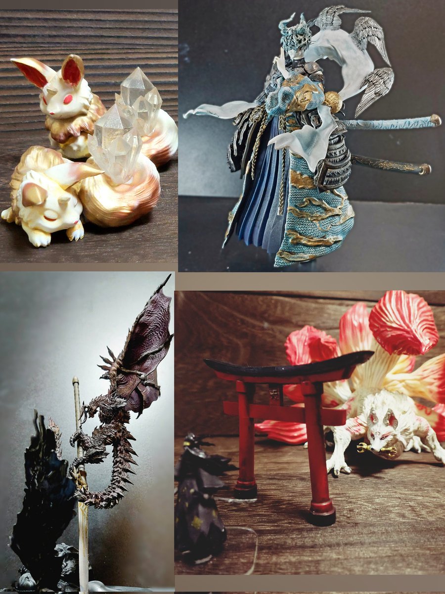 #8月になったのでフォロワーさんに自己紹介しようぜ 

古来から伝わる霊獣、神獣、魔獣、神を中心に独自の解釈を込めて造形しています。
■カーバンクル
■風神
■竜王バハムート
■天狐(九尾の狐)
