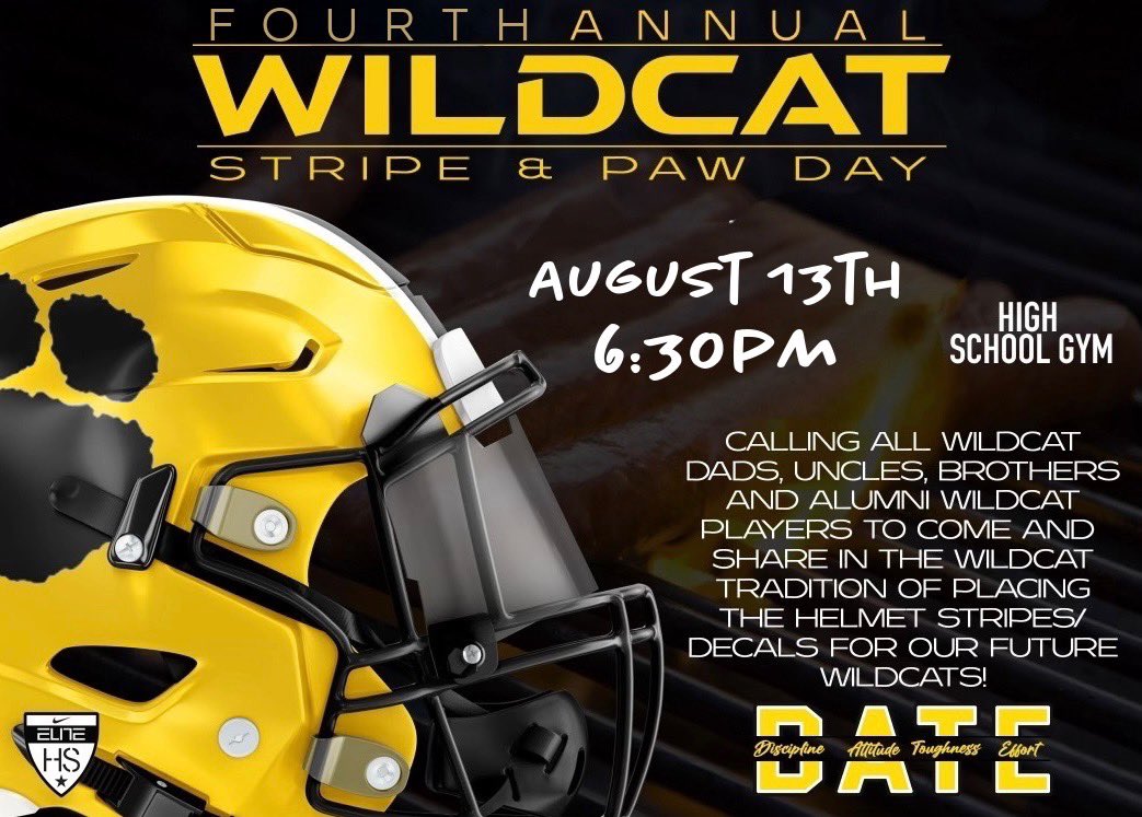 Calling all Wildcat dads, granddads, uncles, brothers, and former players! Next Wednesday is our annual Stripe and Paw Day! Come be apart of our annual tradition!! #GoCats #DATE