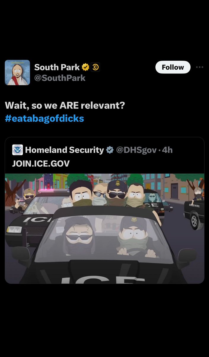 South Park tells Trump’s Homeland Security to ‘eat a bag of dicks’ after they used an image from the show to promote ICE