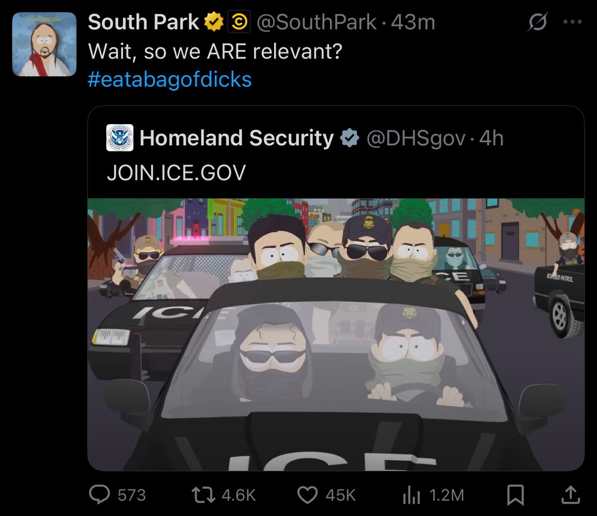 Conservatives: South Park makes fun of everyone. 

South Park creators: no we actually hate you