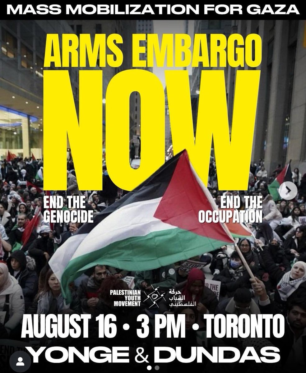 Sait Simsek (@sait_simsek_) on Twitter photo This could be as massive as the Australia rally.
Tens of thousands expected in Toronto.
✅Cancel your plans. 
✅Let’s shut down Canada’s support for Israel’s live-streamed genocide.
August 16 — 3PM — Toronto This could be as massive as the Australia rally.
Tens of thousands expected in Toronto.
✅Cancel your plans. 
✅Let’s shut down Canada’s support for Israel’s live-streamed genocide.
August 16 — 3PM — Toronto