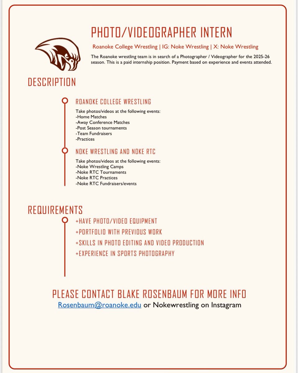 We’re hiring! 

Our team is looking for a photographer / videographer to capture all the moments in our upcoming season. To inquire please reach out to Coach Rosenbaum at Rosenbaum@roanoke.edu or DM us.