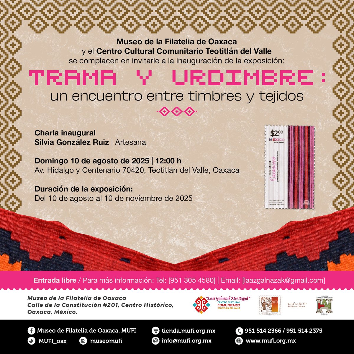 ¿Qué pasa cuando unes el arte textil, la filatelia, el MUFI y el Centro Cultural Comunitario de Teotitlán del Valle? ¡Una exposición increíble! Los esperamos este domingo 10 de agosto a las 12:00 h para inaugurar esta muestra en el recinto del hermoso Teotitlán del Valle.🧵🪡