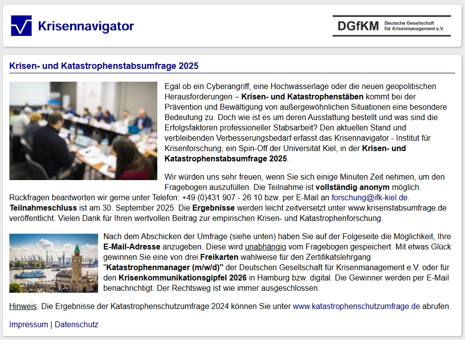 #Krisenforschung #Katastrophenforschung #Krisenmanagement #Bevölkerungsschutz #Krisenkommunikation #Zivilschutz - Krisen- und Katastrophenstabsumfrage 2025 gestartet - Ausstattung und Erfolgsfaktoren professioneller Stabsarbeit im Fokus - Jetzt teilnehmen umfrage.katastrophenstab.de