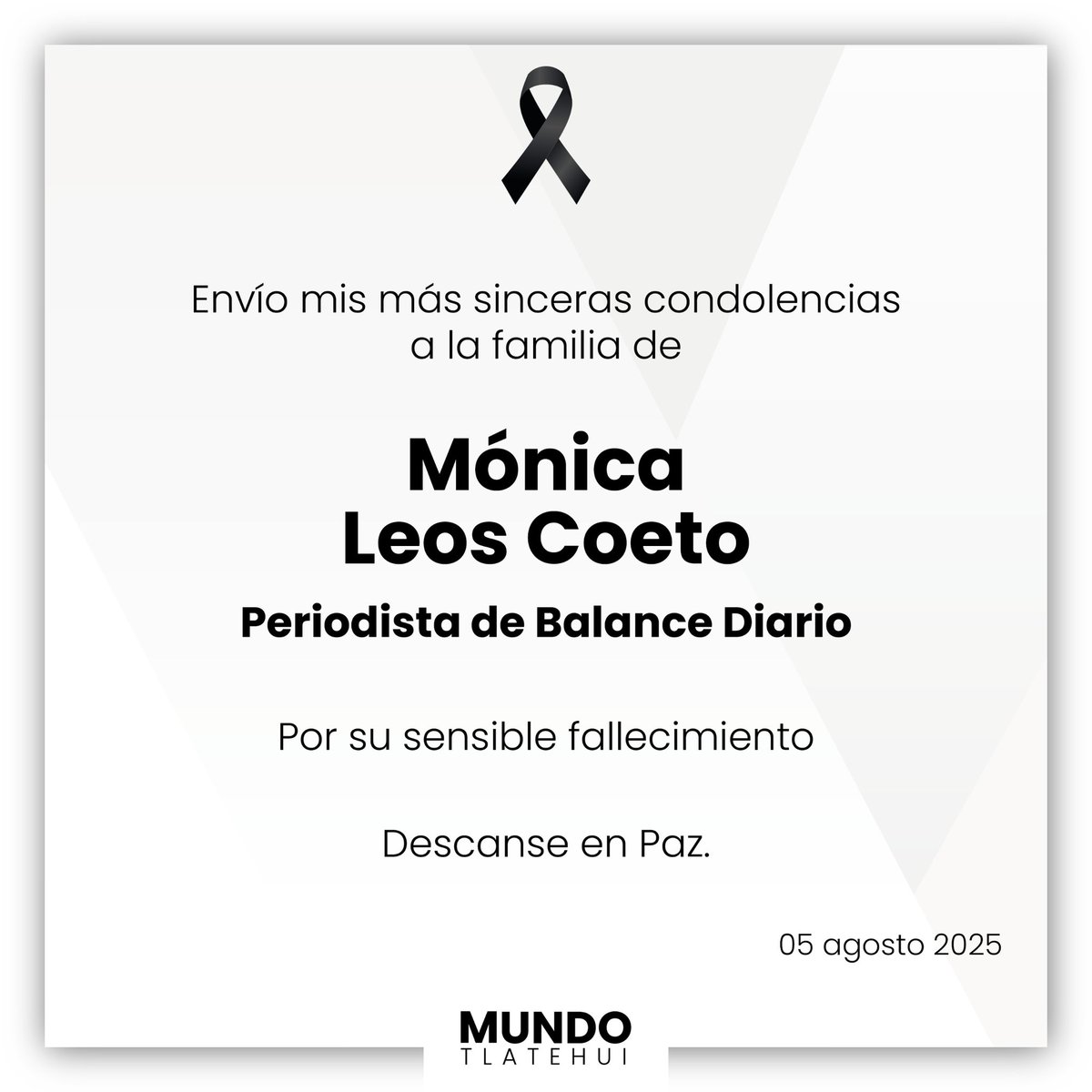 Edmundo Tlatehui (@edmundotlatehui) on Twitter photo Lamento el sensible fallecimiento de la Sra. Mónica Leos Coeto, periodista de <a href="/DiarioBalance/">Balance Diario</a>. ✝️ Envío mis sinceras condolencias a sus familiares y seres queridos.
🕊️ Descanse en paz. Lamento el sensible fallecimiento de la Sra. Mónica Leos Coeto, periodista de <a href="/DiarioBalance/">Balance Diario</a>. ✝️ Envío mis sinceras condolencias a sus familiares y seres queridos.
🕊️ Descanse en paz.
