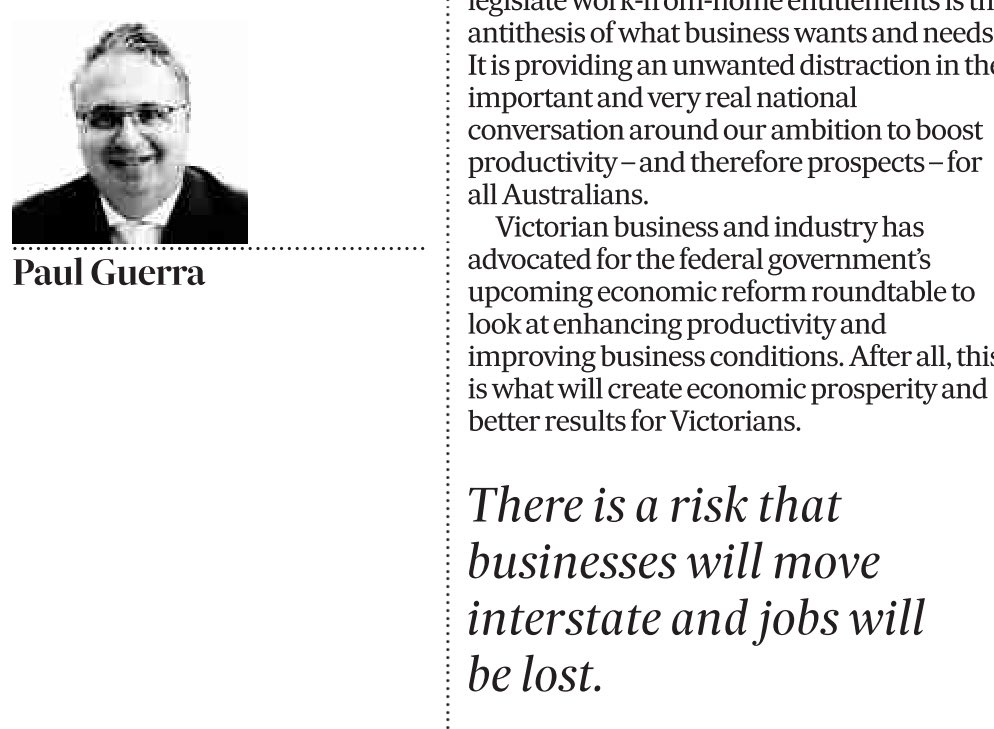 In today’s Australian Financial Review, business lobbyist Paul Guerra says that PROPOSED #WorkFromHome changes by the Victorian Premier could contribute to companies relocating interstate. I call Bullshit.
There is often more sense and dignity in not participating in a beat-up.