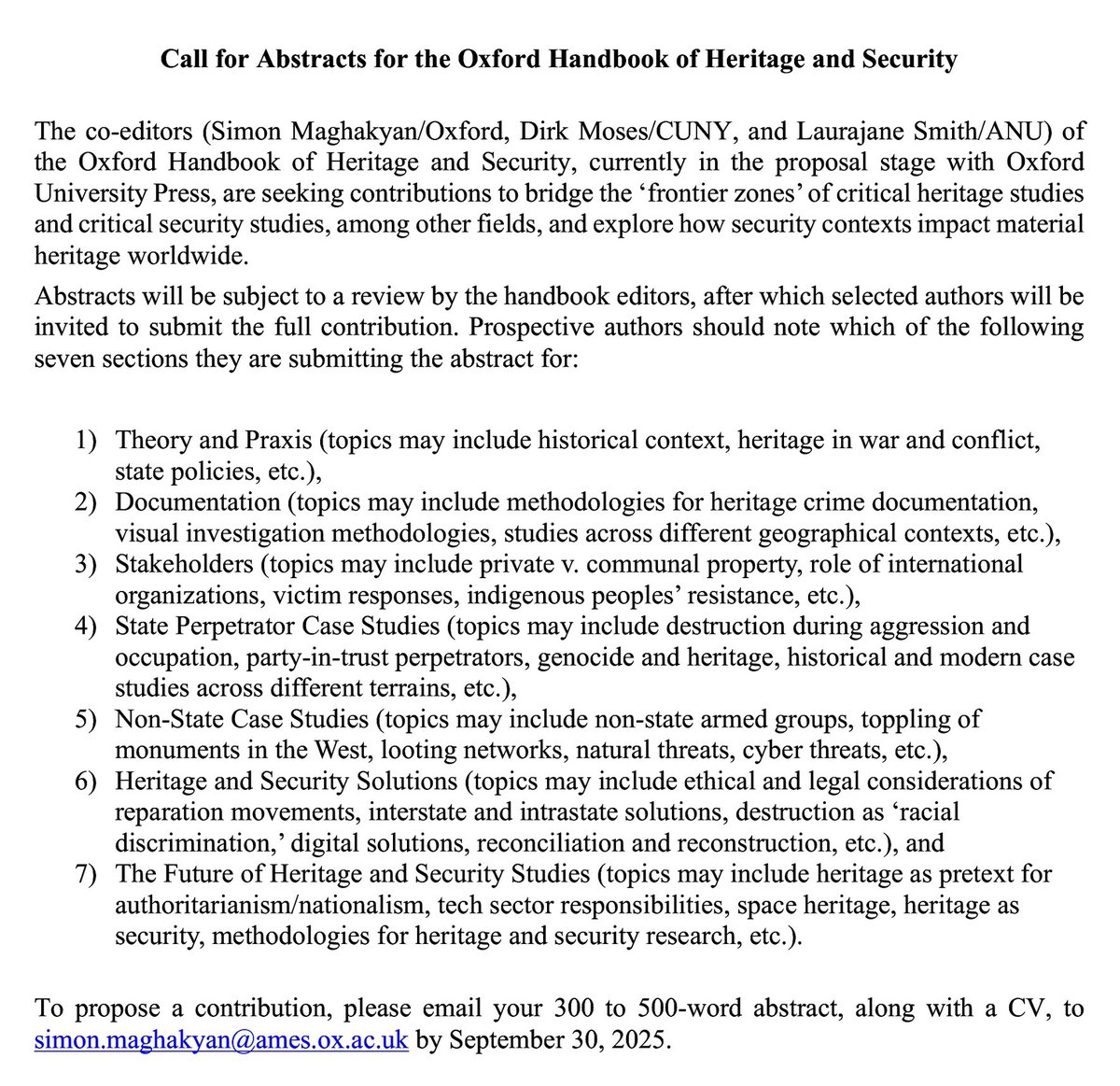 We are looking for papers for an Oxford Handbook of Heritage and Security. Please attached CFP for details.