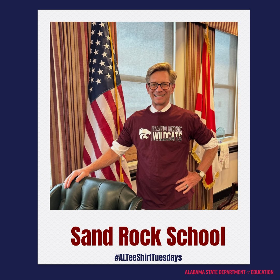 This year, we are starting a new social media campaign called Tee Shirt Tuesdays – each Tuesday this school year, I will wear a tee shirt from a different school across the state.  This week, I am wearing a tee shirt from Sand Rock School, my alma mater. 
 
#ALTeeShirtTuesdays