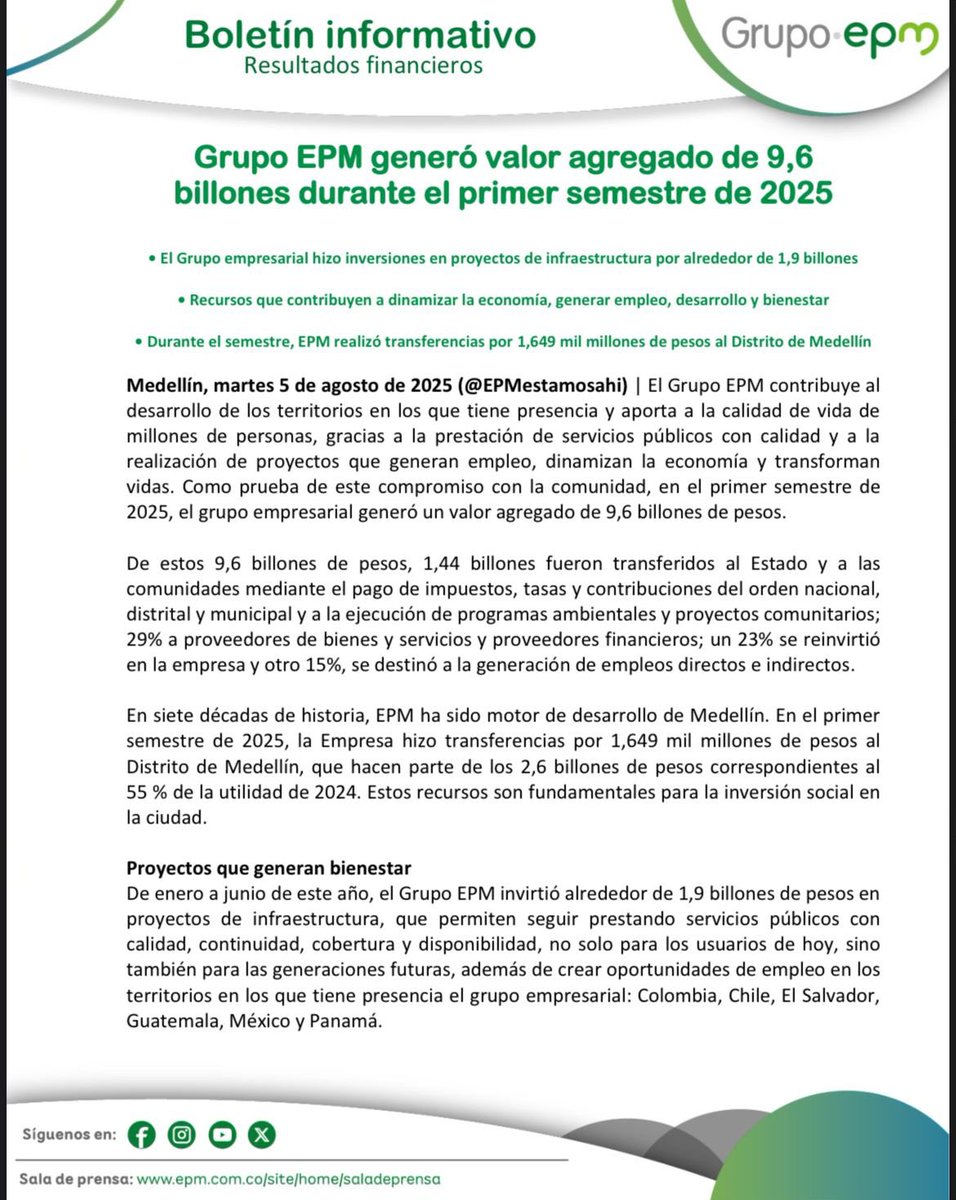 Alejandro De Bedout (@alejodebedout) on Twitter photo ‼️EPM VA POR BUEN CAMINO Y LO CONFIRMAN LAS CIFRAS DEL PRIMER SEMESTRE DE 2025
Durante este período con <a href="/FicoGutierrez/">Fico Gutiérrez</a> y Jhon Maya a la cabeza, el Grupo <a href="/EPMestamosahi/">EPM estamos ahí</a> generó un valor agregado de 9,6 billones de pesos, lo que se traduce en recursos para inversión social, empleo, ‼️EPM VA POR BUEN CAMINO Y LO CONFIRMAN LAS CIFRAS DEL PRIMER SEMESTRE DE 2025
Durante este período con <a href="/FicoGutierrez/">Fico Gutiérrez</a> y Jhon Maya a la cabeza, el Grupo <a href="/EPMestamosahi/">EPM estamos ahí</a> generó un valor agregado de 9,6 billones de pesos, lo que se traduce en recursos para inversión social, empleo,