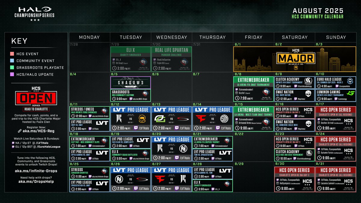 📅 AUGUST 2025

Get invovled with this month's activities!

💰 <a href="/LVTHalo/">LVT Halo</a>/<a href="/ShopifyRebels/">Shopify Rebellion</a> Pro League
🏆 #HCSOpenSeries: Road to Charlotte
🎮  Community <a href="/Halo/">Halo</a> Tournaments