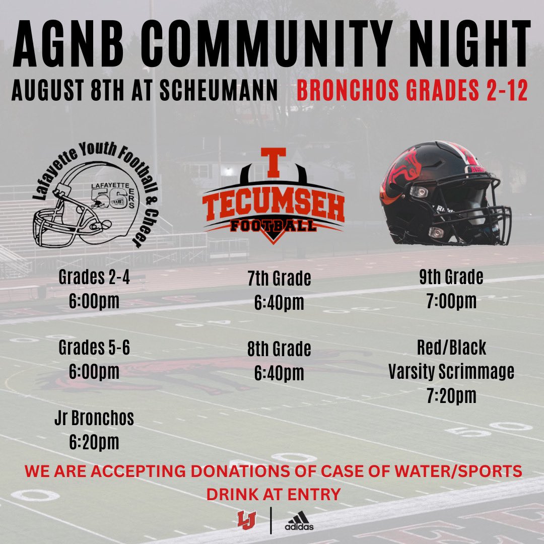 What better way to spend your Friday Night? Community Night at the Scheu will showcase players in grades 2-12. 

‼️ We are taking donations for cases of bottled water and/or sports drinks at the gate on Friday. This will go directly towards our student-athletes this season!