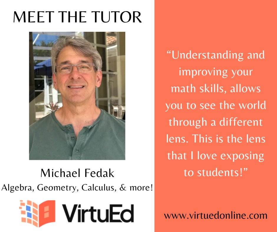 VirtuEdOnline's tweet image. 👩🏫 Meet Mr. Fedak – a former Finance professional and certified Math teacher with 10+ years of experience helping students conquer Algebra, Geometry, Calculus, and more!
🔍 Browse our certified tutors now → virtuedonline.com
#MeetTheTutor #ELAHelp #CertifiedTutors