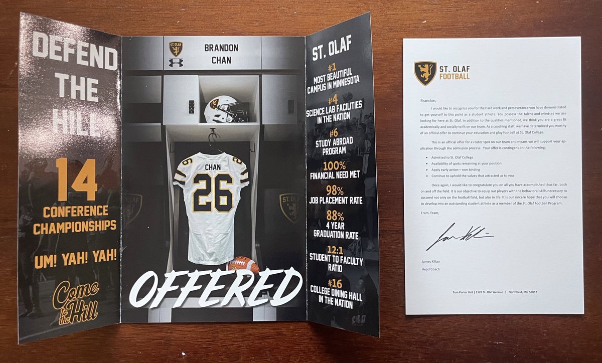 Brandon Chan (@brandon_chan53) on Twitter photo I’m excited to announce, after a great visit that I’ve received my third offer from <a href="/StOlafFB/">St. Olaf Football</a>! Thank you Coaches <a href="/JamesKilian/">James Kilian</a> and <a href="/mkleinschrodt20/">Mitchell Kleinschrodt</a> for this opportunity! #DefendTheHill #UmYahYah
<a href="/MiacFtbl/">MIAC Football Recruiting</a> <a href="/Coach_Bhatti/">Ali Bhatti</a> <a href="/TopPreps/">SPORTS NEWS, VIDEOS, GRAPHICS, EXPOSURE & MORE</a> I’m excited to announce, after a great visit that I’ve received my third offer from <a href="/StOlafFB/">St. Olaf Football</a>! Thank you Coaches <a href="/JamesKilian/">James Kilian</a> and <a href="/mkleinschrodt20/">Mitchell Kleinschrodt</a> for this opportunity! #DefendTheHill #UmYahYah
<a href="/MiacFtbl/">MIAC Football Recruiting</a> <a href="/Coach_Bhatti/">Ali Bhatti</a> <a href="/TopPreps/">SPORTS NEWS, VIDEOS, GRAPHICS, EXPOSURE & MORE</a>