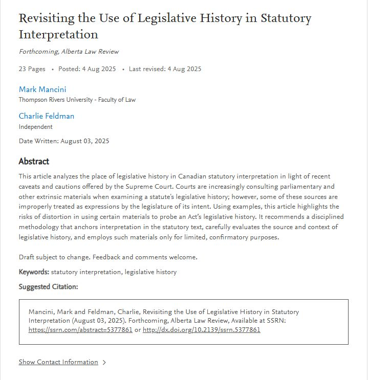 Mark P. Mancini (@markpmancini) on Twitter photo New paper with <a href="/ParlCharlie/">Charlie Feldman</a>. We urge the Supreme Court to heed its own warnings on legislative history. We explore how some courts misread these materials, equating them with the intent of the legislature, and we propose a methodology for the proper use of legislative history. New paper with <a href="/ParlCharlie/">Charlie Feldman</a>. We urge the Supreme Court to heed its own warnings on legislative history. We explore how some courts misread these materials, equating them with the intent of the legislature, and we propose a methodology for the proper use of legislative history.