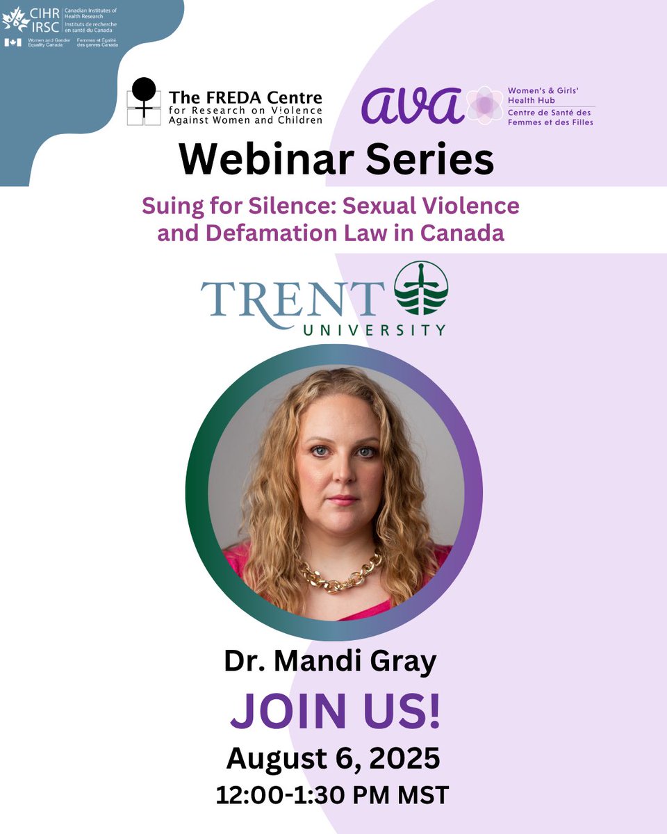Join us TOMORROW as the AVA Webinar Series presents Suing for Silence: Sexual Violence and Defamation Law in Canada, featuring Dr. Mandi Gray from Trent University.

🗓️ Wednesday, August 6th, 2025
⏰ 12 - 1:30pm MST

Register today! avatraining.ca/webinars