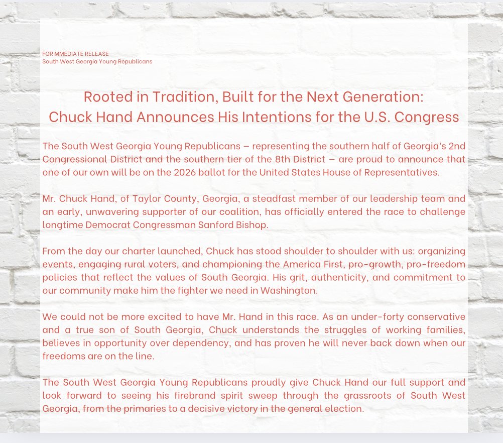 South West GA Young Republicans (@swgayoungrepubs) on Twitter photo Well, it’s official: <a href="/Mr_Chuck_Hand/">Chuck Hand</a> is in the fight for GA‑02!
The blue‑collar, God‑fearing, America‑lovin’ Son of South Georgia is back, he's paid his dues, and ready to challenge <a href="/SanfordBishop/">Sanford Bishop, Jr.</a> . 🇺🇸
#GA02 #GAPol #BattleforCD2 #Redwave Well, it’s official: <a href="/Mr_Chuck_Hand/">Chuck Hand</a> is in the fight for GA‑02!
The blue‑collar, God‑fearing, America‑lovin’ Son of South Georgia is back, he's paid his dues, and ready to challenge <a href="/SanfordBishop/">Sanford Bishop, Jr.</a> . 🇺🇸
#GA02 #GAPol #BattleforCD2 #Redwave