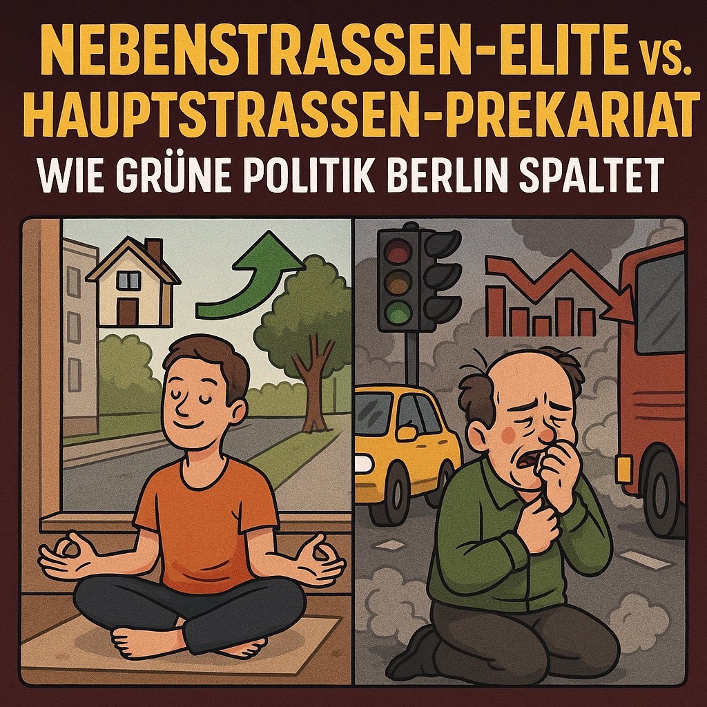NEBENSTRAßEN ELITE VS. HAUPTSTRAßEN PREKARIAT - WIE GRÜNE POLITIK BERLIN SPALTET 

🚨In der grünen Verkehrswelt gibt es zwei Klassen von Menschen
Die Nebenstraßen Eliten 😴 die z.B. in der Tucholskystraße, der Weisestraße in Neukölln oder der Rykestraße in Prenzlauer Berg