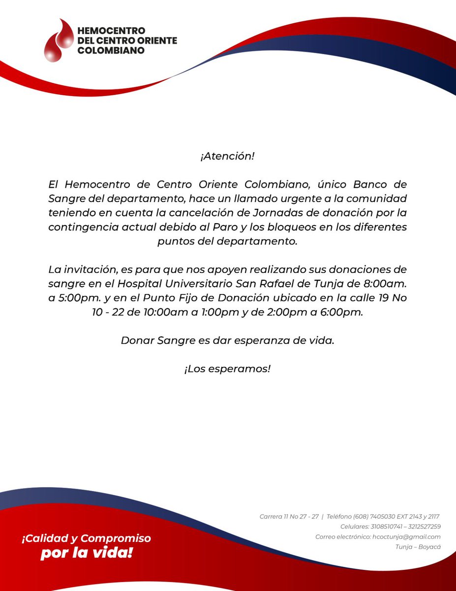 El Hemocentro del Centro Oriente alerta: el paro en Boyacá afecta el suministro de sangre para pacientes en estado crítico. Urgente garantizar movilidad para que las donaciones lleguen a los hospitales.