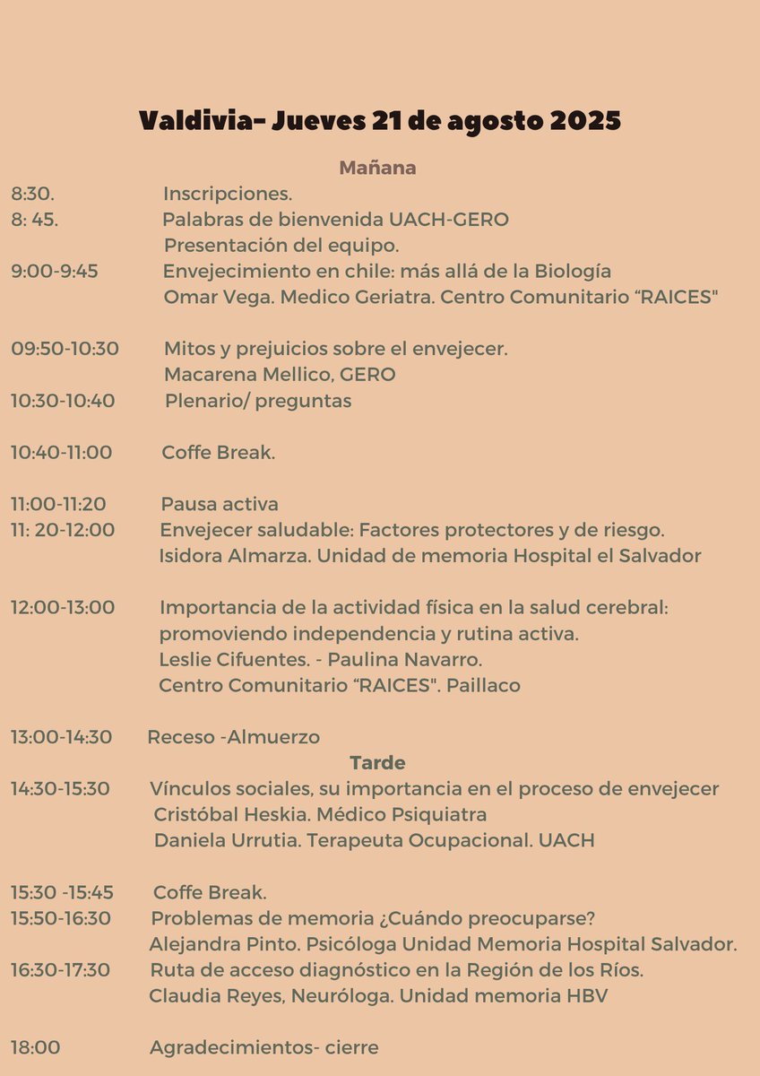 📣 Jornada sobre Envejecimiento y Apoyo a los Cuidados

🗓️ Jueves 21 de agosto

🕣 08:30 hrs.

📍Sala Paraninfo, ubicada a interior de la @daeuach en Campus #IslaTeja en la <a href="/UAustraldeChile/">Universidad Austral de Chile</a>