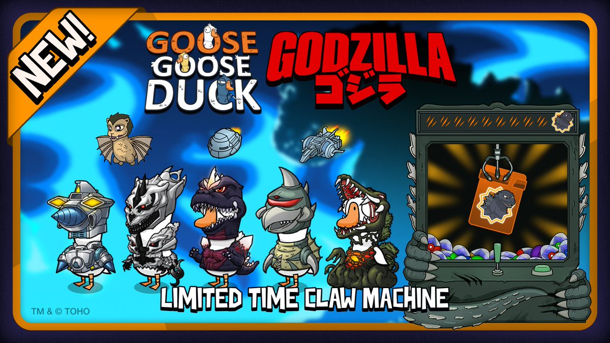 Goose Goose Duck (@ggd_game) on Twitter photo 🔥 KAIJU ALERT! 🔥
New limited-time <a href="/Godzilla_Toho/">GODZILLA.OFFICIAL</a> Claw Machine has crashed into Goose Goose Duck with legendary monsters M.O.G.U.E.R.A., Monster X, SpaceGodzilla, Gigan, Biollante, plus Dorat, Super X, and Star Falcon pets before they stomp away! #Godzilla #GooseGooseDuck 🔥 KAIJU ALERT! 🔥
New limited-time <a href="/Godzilla_Toho/">GODZILLA.OFFICIAL</a> Claw Machine has crashed into Goose Goose Duck with legendary monsters M.O.G.U.E.R.A., Monster X, SpaceGodzilla, Gigan, Biollante, plus Dorat, Super X, and Star Falcon pets before they stomp away! #Godzilla #GooseGooseDuck