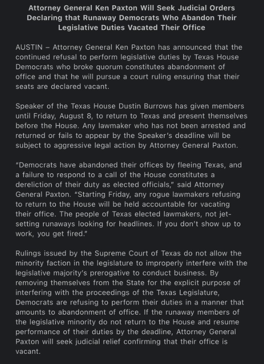 DemocracyDocket's tweet photo. BREAKING: Texas Attorney General Ken Paxton announces that he will pursue a court ruling declaring the seats of quorum-breaking Democrats as vacant. More to come. 

Background: 
https://t.co/278pwHDB5B https://t.co/Q2mO5u3ikd