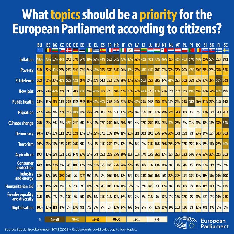Was sind die wichtigsten Prioritäten der europäischen Bürgerinnen und Bürger für das <a href="/Europarl_EN/">European Parliament</a>? 

#Eurobarometer 
#EUFacts
#EUVision