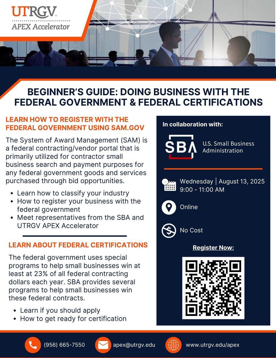 Weslaco small biz owners: Want federal contracts?

Join this FREE online training:
Intro to Federal Contracting &amp; Certifications
📅 Aug 13 | ⏰ 9–11 AM CDT
🔗 utrgvapex.ecenterdirect.com/events/873

Learn how to get certified (HUB, WOSB &amp; more) and grow!

#WeslacoEDC #SmallBusinessSupport