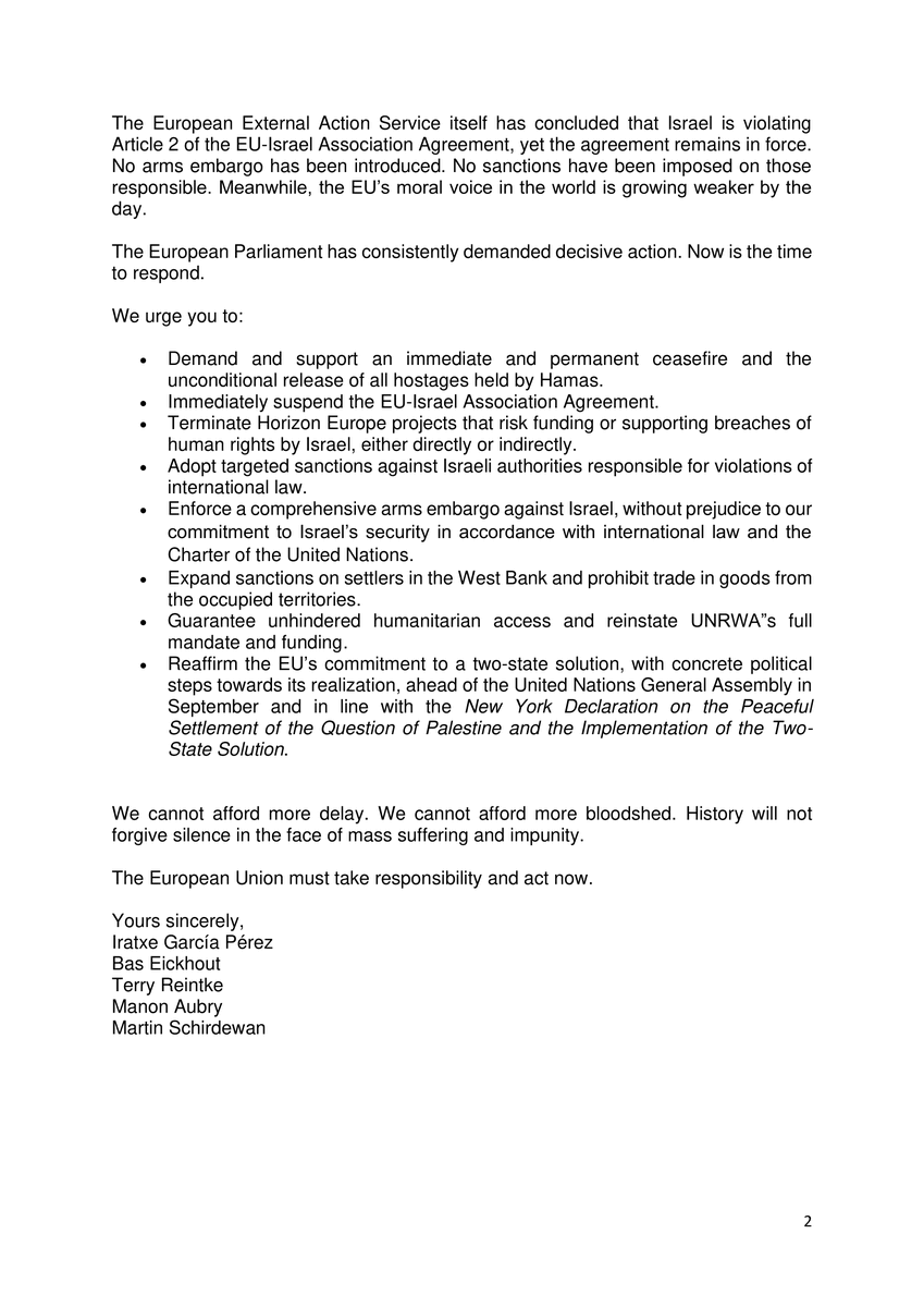 Greens/EFA in the EU Parliament 🌍 (@greensefa) on Twitter photo The EU must act urgently.
With <a href="/TheProgressives/">S&D Group</a> and <a href="/Left_EU/">The Left in the European Parliament</a>, we call on <a href="/vonderleyen/">Ursula von der Leyen</a>, <a href="/eucopresident/">António Costa</a> and <a href="/kajakallas/">Kaja Kallas</a> to:
- Suspend the EU-Israel Association Agreement
- Enforce an embargo on arms used to fuel war in Gaza
- Ensure humanitarian access in Gaza
Our joint letter: The EU must act urgently.
With <a href="/TheProgressives/">S&D Group</a> and <a href="/Left_EU/">The Left in the European Parliament</a>, we call on <a href="/vonderleyen/">Ursula von der Leyen</a>, <a href="/eucopresident/">António Costa</a> and <a href="/kajakallas/">Kaja Kallas</a> to:
- Suspend the EU-Israel Association Agreement
- Enforce an embargo on arms used to fuel war in Gaza
- Ensure humanitarian access in Gaza
Our joint letter: