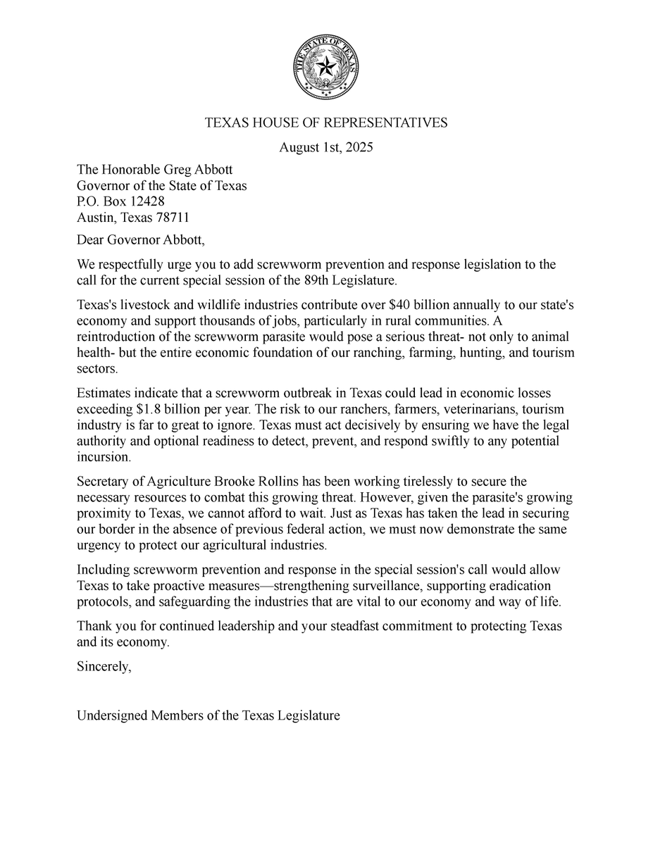 RyanGuillen's tweet photo. This weekend, I, and 93 other members of the house, sent a letter to the Governor requesting that screwworm prevention be added to the special session call. Protecting Texas livestock and rural communities must remain a priority, and continued action is critical to safeguard our state’s agricultural future. #txlege