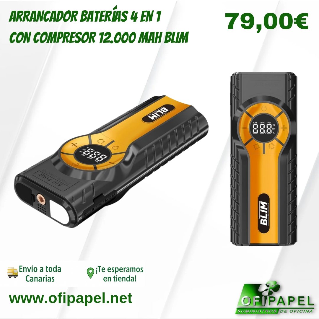 𝐀𝐫𝐫𝐚𝐧𝐜𝐚𝐝𝐨𝐫 𝐝𝐞 𝐛𝐚𝐭𝐞𝐫í𝐚𝐬 𝟒 𝐞𝐧 𝟏 𝐜𝐨𝐧 𝐜𝐨𝐦𝐩𝐫𝐞𝐬𝐨𝐫 𝐁𝐋𝐈𝐌 – 𝟏𝟐.𝟎𝟎𝟎 𝐦𝐀𝐡

Ideal para emergencias, viajes y el día a día.

✅ Arranca tu coche
✅ Infla neumáticos
✅ Carga tus dispositivos
✅ Luz de emergencia
ofipapel.net

#Canarias