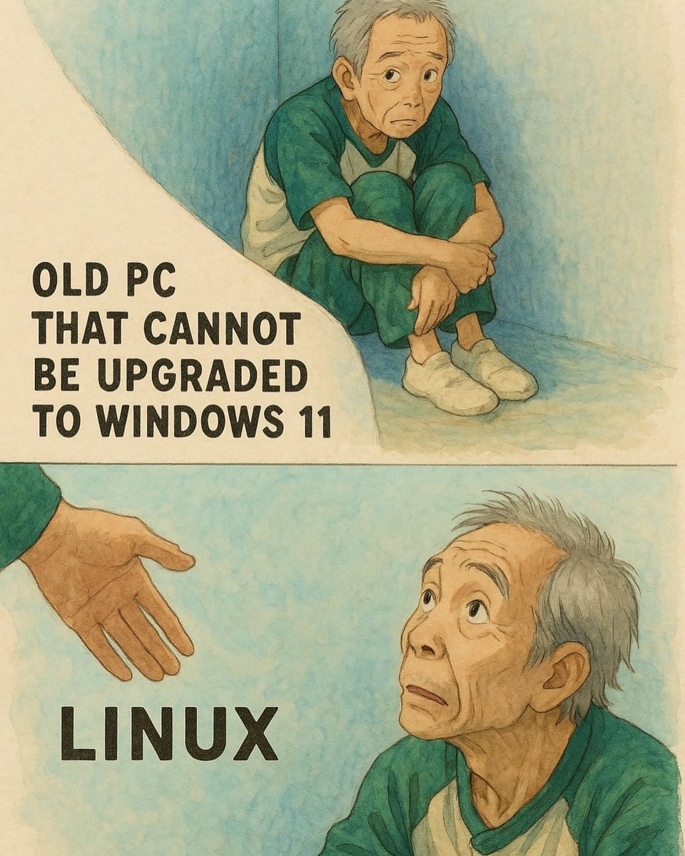 codechacker's tweet image. When Microsoft turns its back, Linux extends a hand 🤝
Old PCs deserve a second life — give them Linux.
#Linux #TechHumor #OpenSource #Windows11 #OldPCNewLife