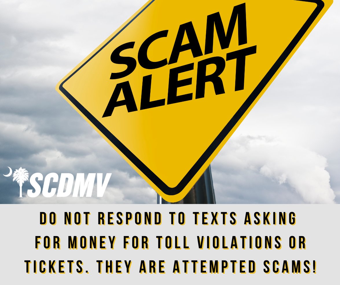 SCDMV does not collect fines for toll violations or unpaid tickets via texts. If you received a message insisting you owe money and claiming to be from SCDMV, please know it is an attempted scam and not a legitimate communication.
#SCDMVupdate #SCDMVonline #SCDMVpsa