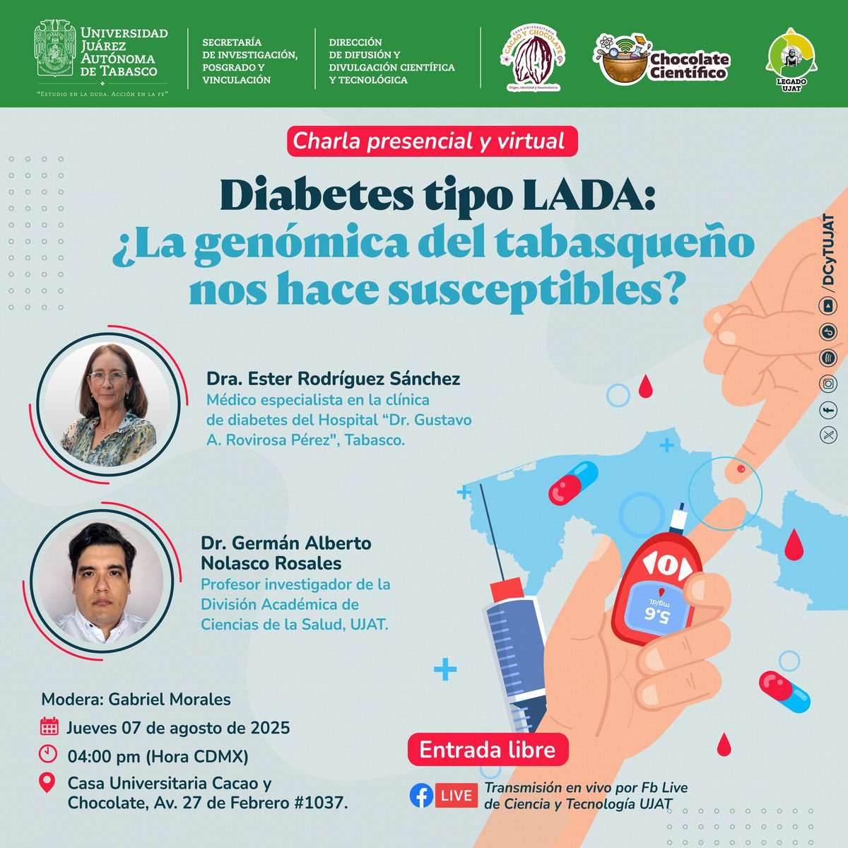 ¡Hablemos de ciencia en Cacha Cacao!, con médicos especialistas, que abordarán este tema.👩‍⚕️👨‍⚕️ 
📍Casa Universitaria Cacao y Chocolate "Cacha Cacao"
📅 07 de agosto de 2025
🕒 4:00 pm
.
La ciencia se entiende mejor cuando se comparte. ¡Te esperamos!
.
#Diabetes #Genética #Tabasco
