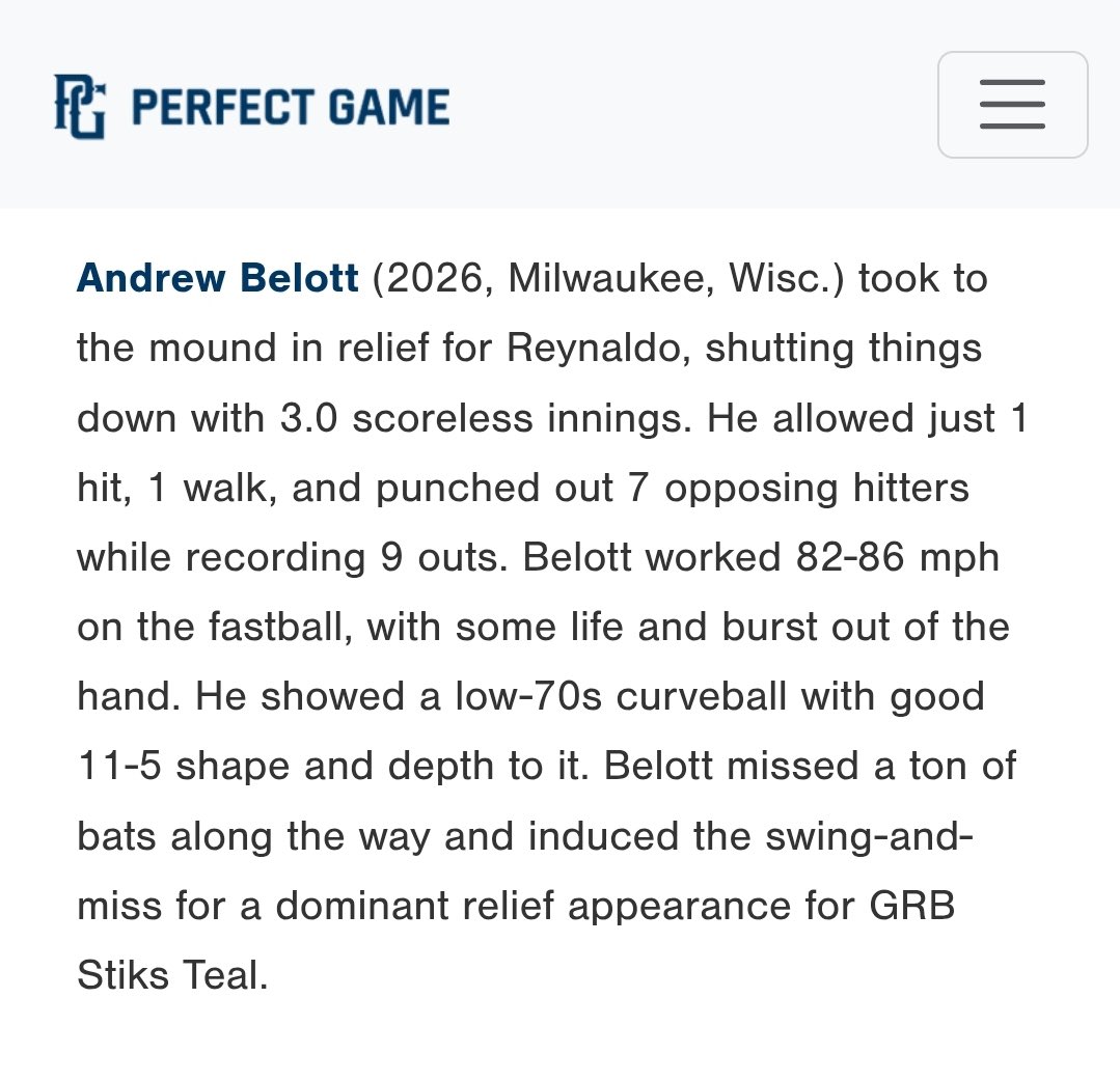 Andrew Belott (@andrewbelott26) on Twitter photo Thank you perfect game for the write up.
<a href="/VinnyRottino/">Vinny Rottino</a> <a href="/IowaPG/">Perfect Game Iowa</a> <a href="/PG_Scouting/">Perfect Game Scout</a> <a href="/stiksacademy/">GRB STiKS Baseball</a> <a href="/PrepBaseballWI/">Prep Baseball Wisconsin</a> <a href="/PB_Uncommitted/">Prep Baseball Uncommitted</a> <a href="/WL_VikingBsball/">WISCO Baseball</a> Thank you perfect game for the write up.
<a href="/VinnyRottino/">Vinny Rottino</a> <a href="/IowaPG/">Perfect Game Iowa</a> <a href="/PG_Scouting/">Perfect Game Scout</a> <a href="/stiksacademy/">GRB STiKS Baseball</a> <a href="/PrepBaseballWI/">Prep Baseball Wisconsin</a> <a href="/PB_Uncommitted/">Prep Baseball Uncommitted</a> <a href="/WL_VikingBsball/">WISCO Baseball</a>