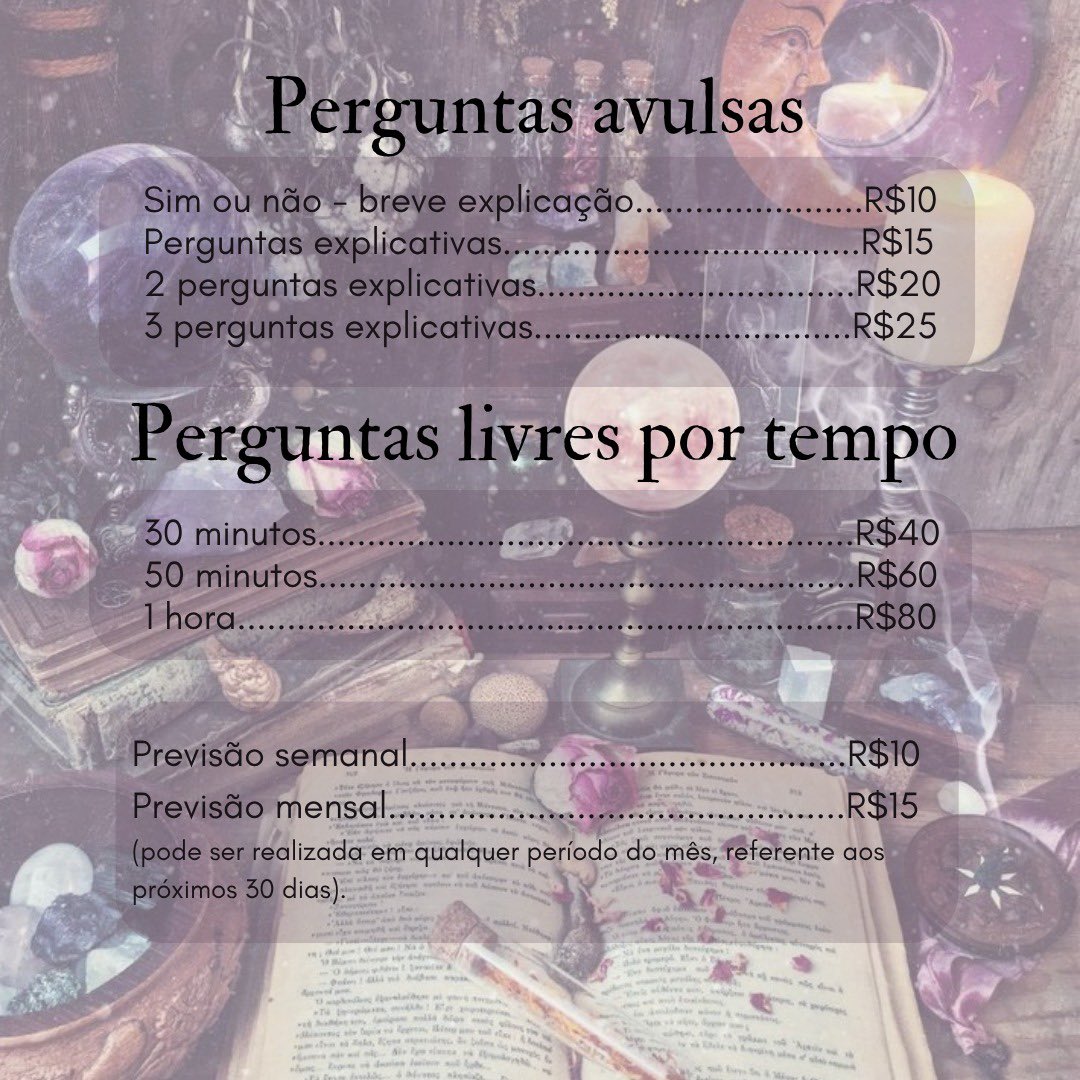 witchoraclees's tweet image. Catálogo de serviços e preços atualizado (2025) 🔮🧚🏻‍♀️

atendimentos via wpp! 
wa.me/5511933428523

✨🧚🏻‍♀️🔮🌿🫀💰🌙🍀🎋🌞🪷