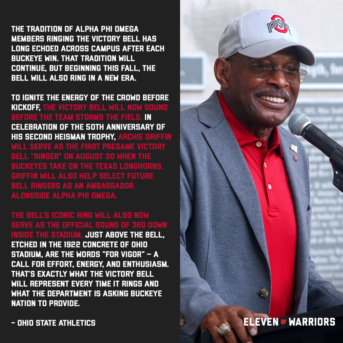 11W's tweet image. Archie Griffin will be Ohio State&apos;s first &quot;Victory Bell Ringer.&quot; The two-time Heisman Trophy winner will set the tone for the Buckeyes&apos; season opener against Texas.
11w.rs/40QwvGj