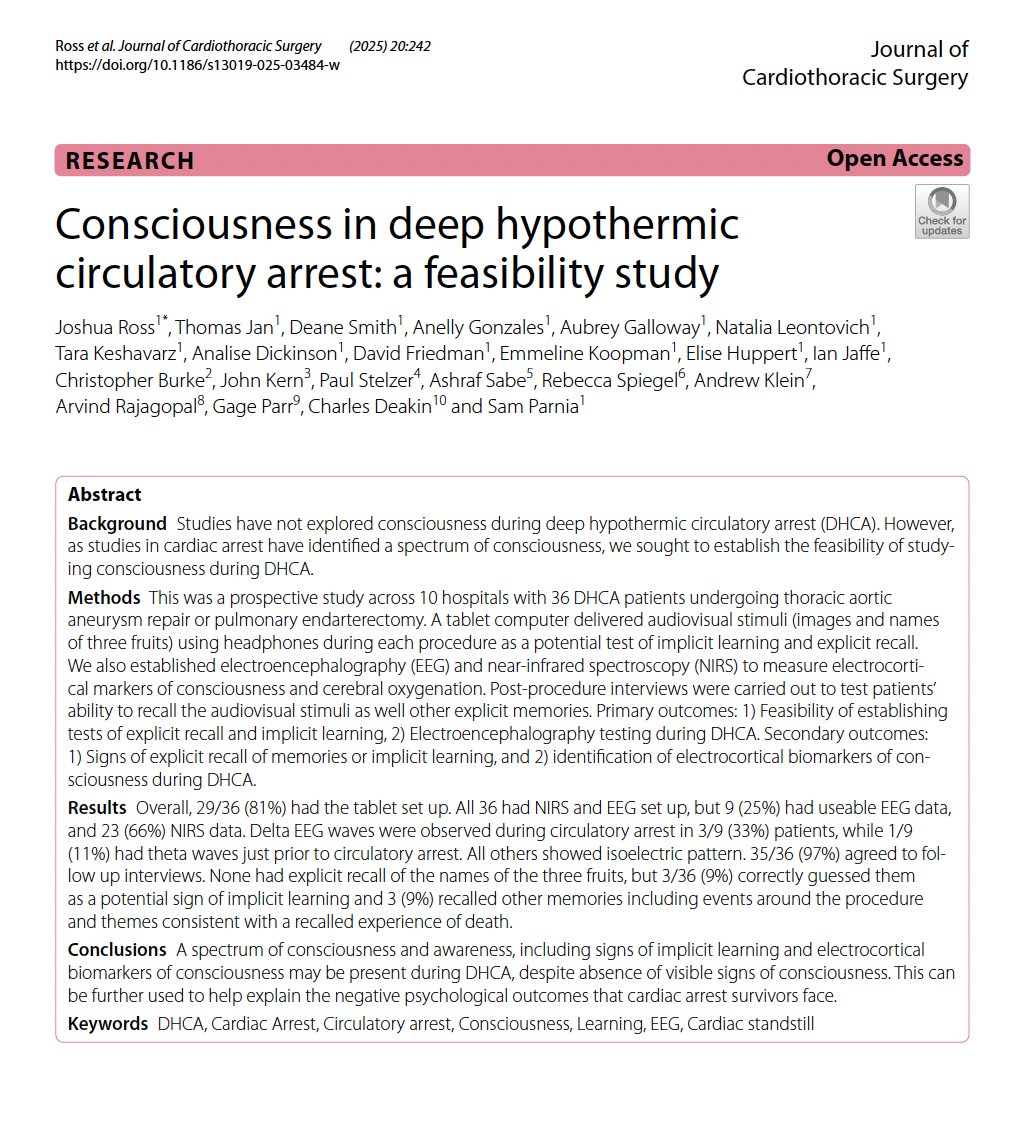 NYULangonePCCSM (@nyulangonepccsm) on Twitter photo New research from our <a href="/nyugsom_ccrs/">Parnia Lab</a> explores consciousness during deep hypothermic circulatory arrest! 🧠 A feasibility study in <a href="/JournalCTSurg/">Journal of Cardiothoracic Surgery</a> investigates potential signs of consciousness & awareness.
#CardiacArrest #Criticalcare
🔗 bit.ly/4o9qu1w New research from our <a href="/nyugsom_ccrs/">Parnia Lab</a> explores consciousness during deep hypothermic circulatory arrest! 🧠 A feasibility study in <a href="/JournalCTSurg/">Journal of Cardiothoracic Surgery</a> investigates potential signs of consciousness & awareness.
#CardiacArrest #Criticalcare
🔗 bit.ly/4o9qu1w