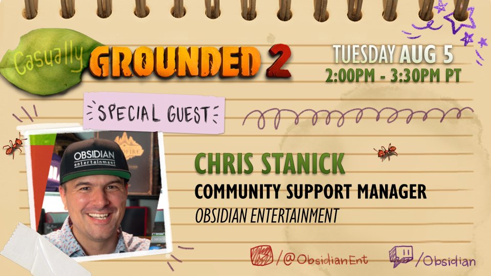 Grounded (@groundedthegame) on Twitter photo It's the return of Casually Grounded 2! Want to learn more about the community side of Grounded? Join us as Community Support Manager, Chris Stanick makes his glorious re-debut to the stream!
๐ Today, 2PM PT / 5PM ET
๐บ twitch.tv/obsidian
โถ๏ธ youtube.com/@obsidianent It's the return of Casually Grounded 2! Want to learn more about the community side of Grounded? Join us as Community Support Manager, Chris Stanick makes his glorious re-debut to the stream!
๐ Today, 2PM PT / 5PM ET
๐บ twitch.tv/obsidian
โถ๏ธ youtube.com/@obsidianent