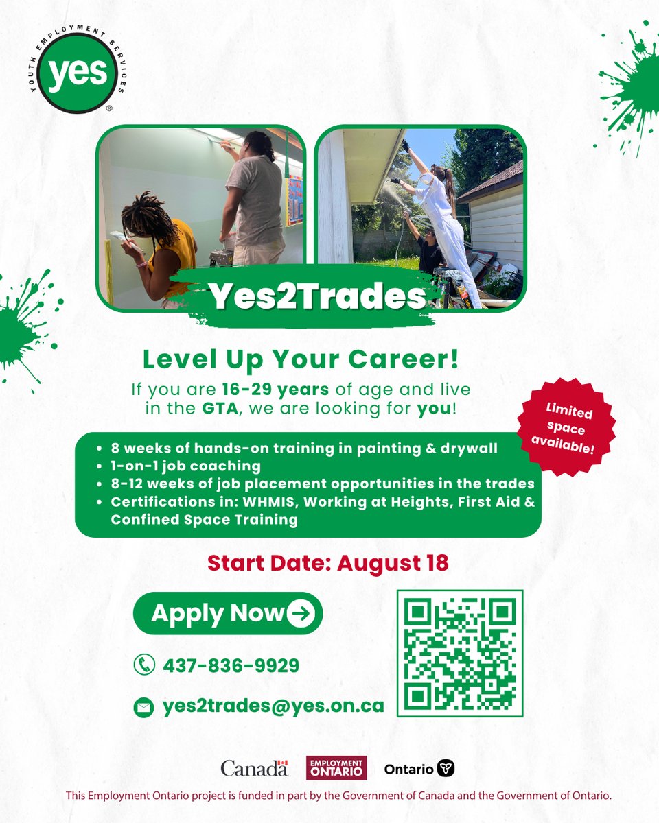 🚨 YES2Trades starts Aug 18!

Free training for 16–29 yr olds in the GTA:
✅ Painting &amp; drywall
✅ Career coaching
✅ Job placement
✅ Certs: WHMIS, First Aid &amp; more

Apply now: forms.gle/oCFUSPucHJmW5R…

#SkilledTrades #TorontoJobs #YouthEmployment