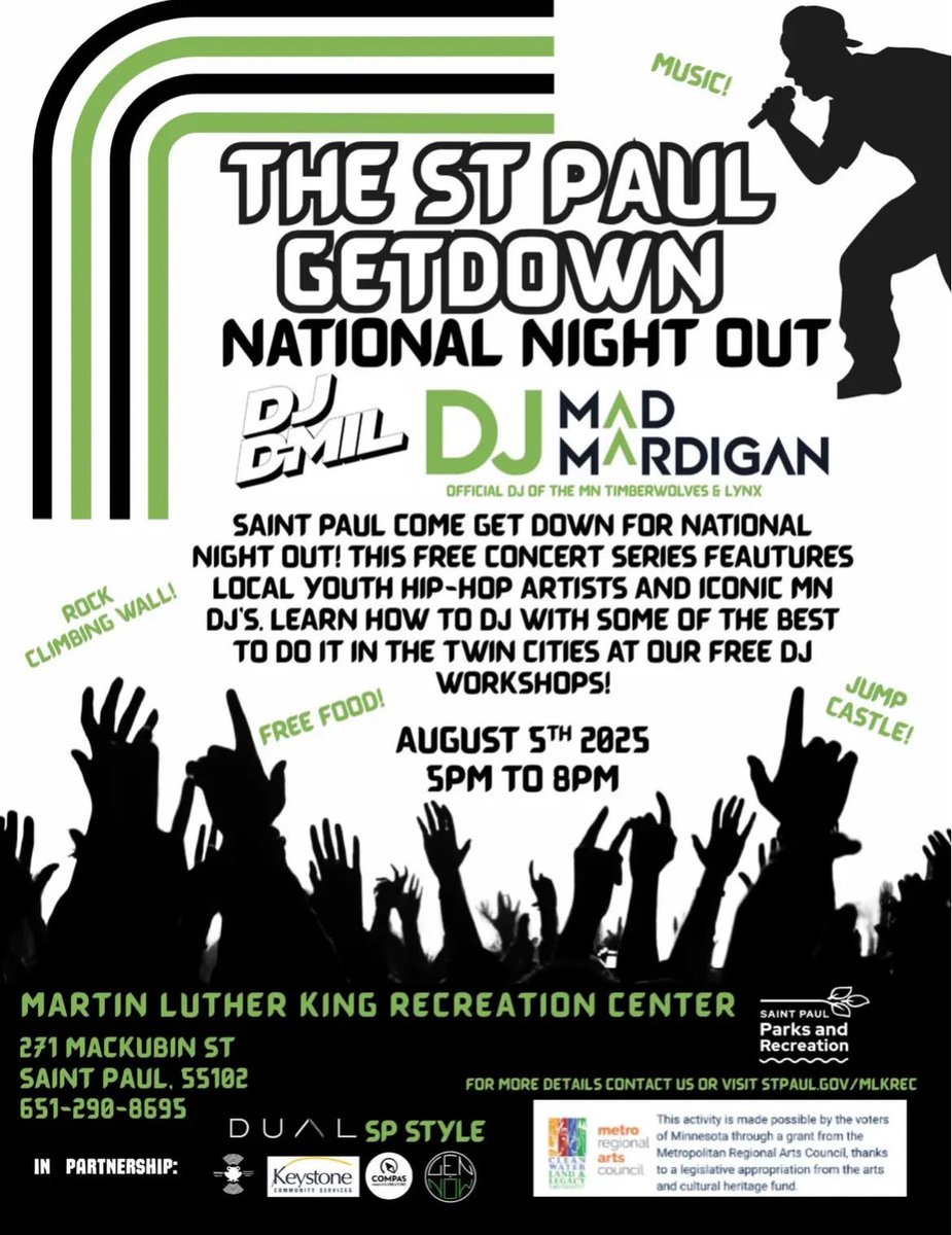 Join us TONIGHT from 5-8pm for a special National Night Out at MLK Recreation Center, featuring the Saint Paul Get Down! Enjoy performances by local youth hip-hop artists, iconic Minnesota DJ’s, and connect with your community! Come enjoy free food, activities, &amp; more!