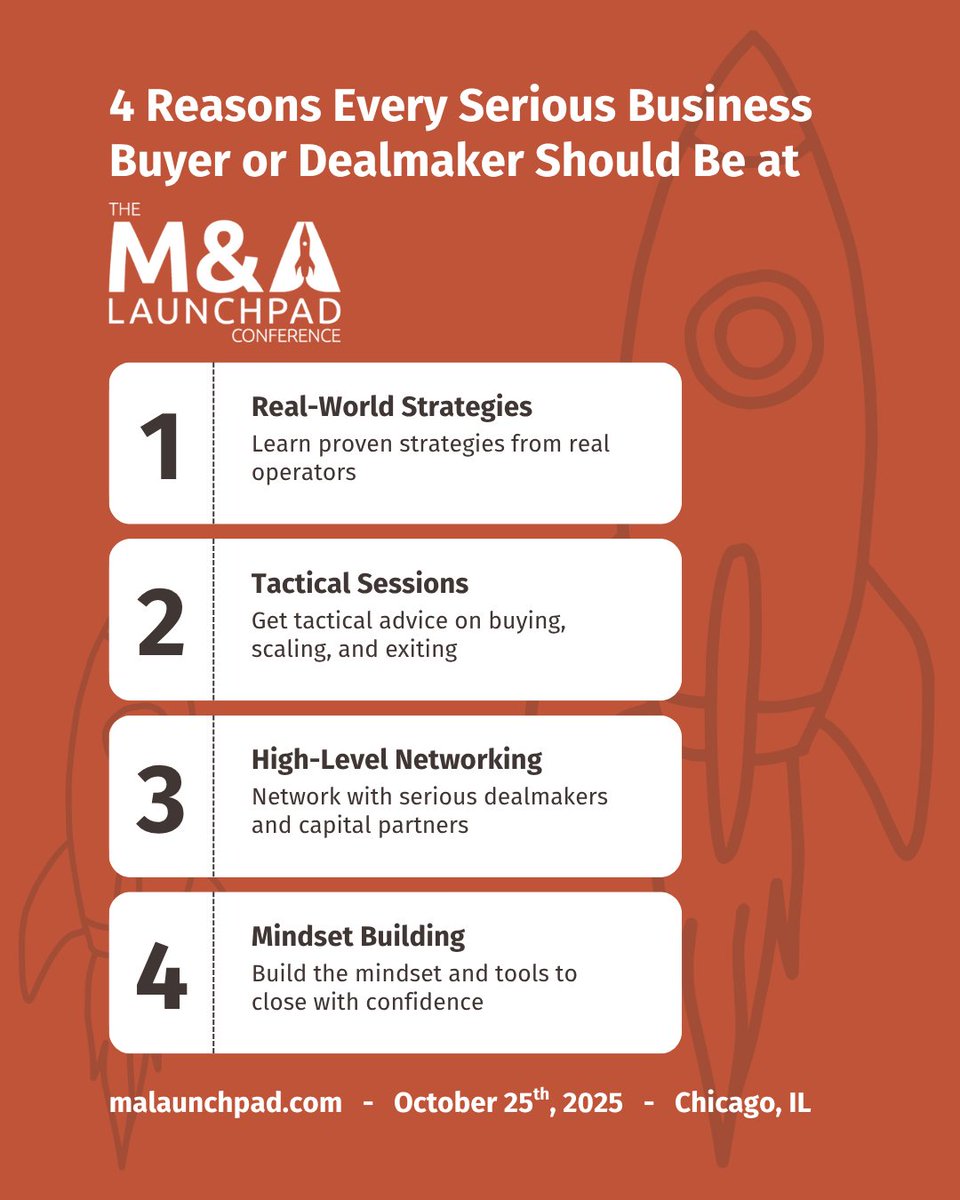 Every serious business buyer or dealmaker should be at M&amp;A Launchpad 2025 — here’s why.
📍 Chicago | 🗓️ October 25, 2025
🎟️ Secure your seat now: malaunchpad.com
#MALaunchpad #BusinessAcquisition #BuyThenBuild #MergersAndAcquisitions #EntrepreneurshipThroughAcquisition
