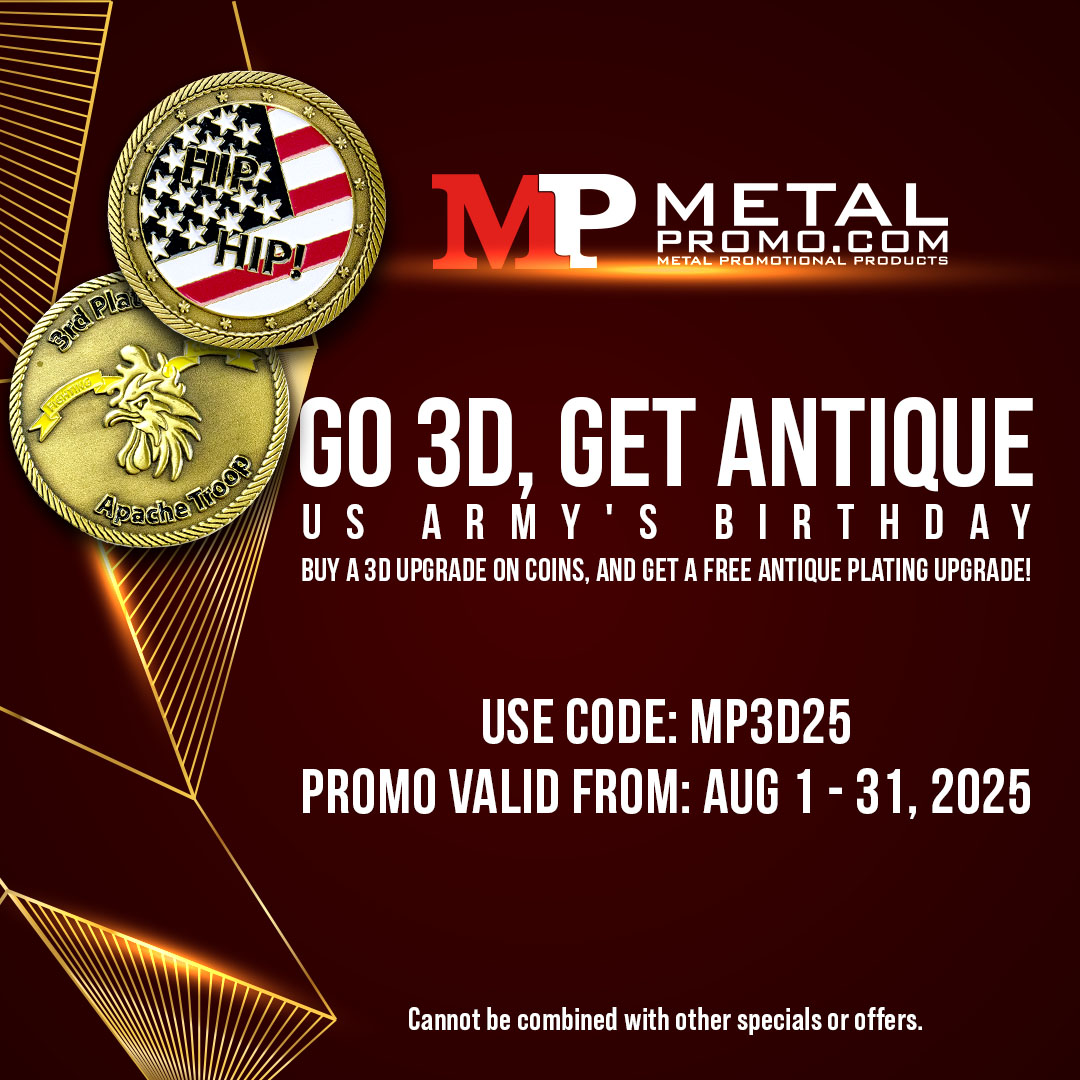 Built to Last. Crafted to Remember. 🛡️
In celebration of the US Army’s legacy, we’re bringing back one of our boldest coin pairings yet. Buy a 3D upgrade on your challenge coin order and get a FREE Antique Plating Upgrade!

Honor your unit, team, or mission with a coin that