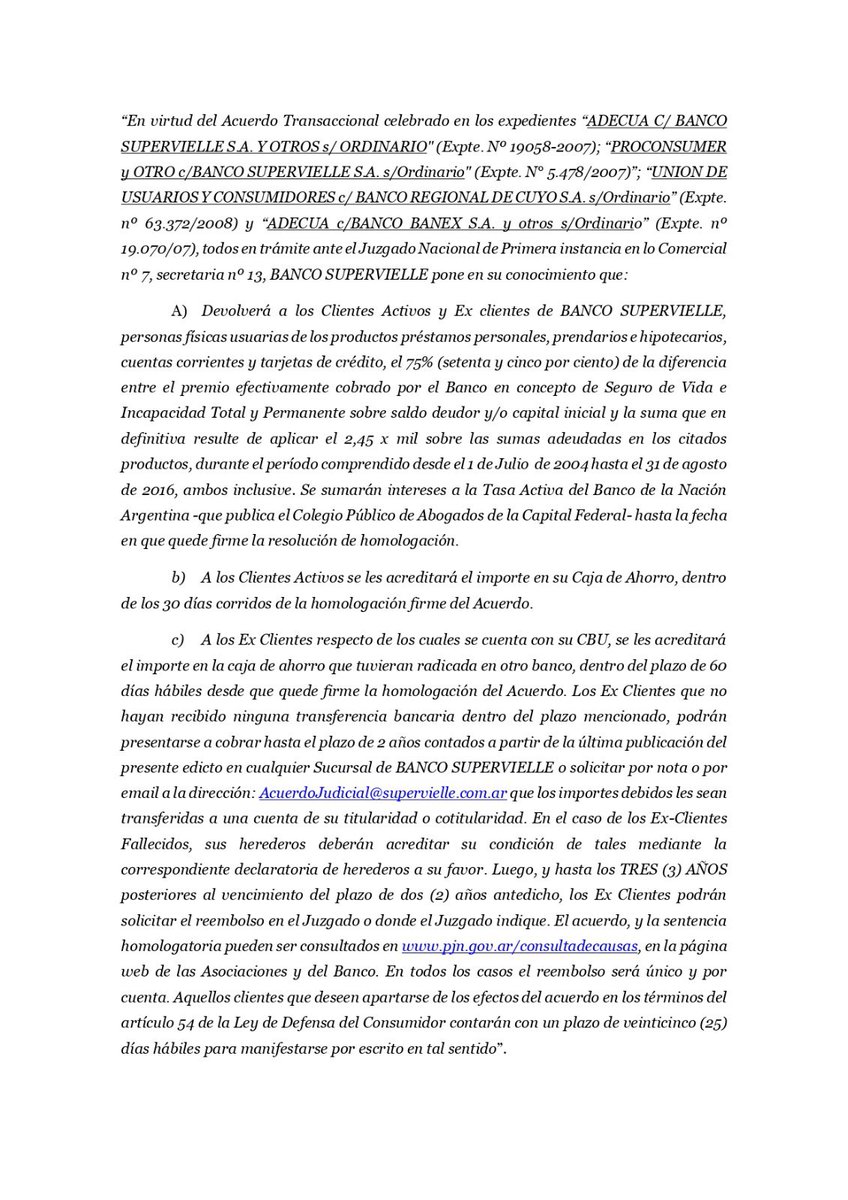 Comunicado del Banco Supervielle en relación al Acuerdo Transaccional celebrado en los expedientes mencionados ⬇️