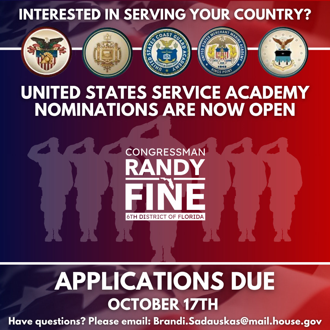 If you are interested in attending one of the 5 Service Academies, you can apply for a congressional nomination now! Applications are due October 17th. For more information, you can visit my website: fine.house.gov/services/milit…