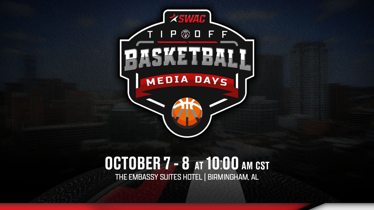 Mark your calendars! 📅 

SWAC Men's &amp; Women's Basketball Media Days tip off Oct. 7–8! 🏀 

🗓️ Tuesday, October 7 (Women's) | Wednesday, October 8 (Men's)
⏰ 10AM CST
🏨 The Embassy Suites Hotel
📍 Birmingham, AL

#SWACHoops | #BuildingChampionsForLife