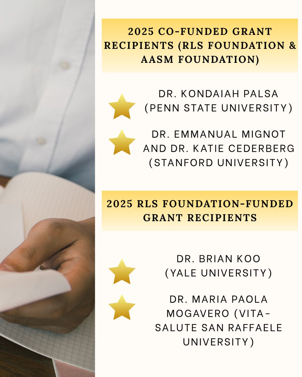 We’re thrilled to announce the recipients of the 2025 RLS research grant awards! Thank you to our members and a collaborative partnership with the American Academy of Sleep Medicine Foundation (AASMF), who co-funded two of the grants. rlsfoundation.blogspot.com 
#sleepresearch #rls