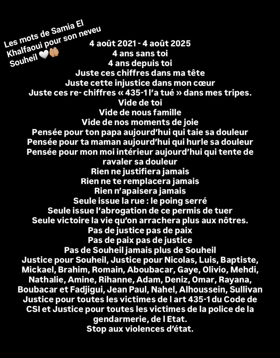 Le 4 août 2021, Souheil El Khalfaoui, 19 ans, est tué par balle par un policier à Marseille. Depuis, son père, sa tante, sa famille...mènent un combat exemplaire, avec dignité, pour la justice et la vérité.
 
Justice pour Souheil. Justice pour tous.

instagram.com/veritepoursouh…