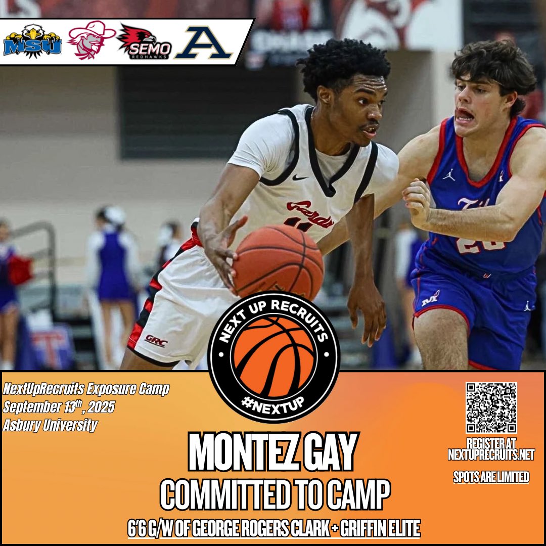 2027 - 6’6 G/W Montez Gay (<a href="/montezgay4/">Tez Gay</a>) of <a href="/WinCity_BBall/">GRC Basketball</a> / <a href="/GriffinEliteAAU/">Griffin Elite AAU</a> has registered for our exposure camp at Asbury U on September 13th. 

Standout performer on UA Rise circuit. Recruitment has started to heat up!

Register Here: nextuprecruits.sportngin.com/register/form/…