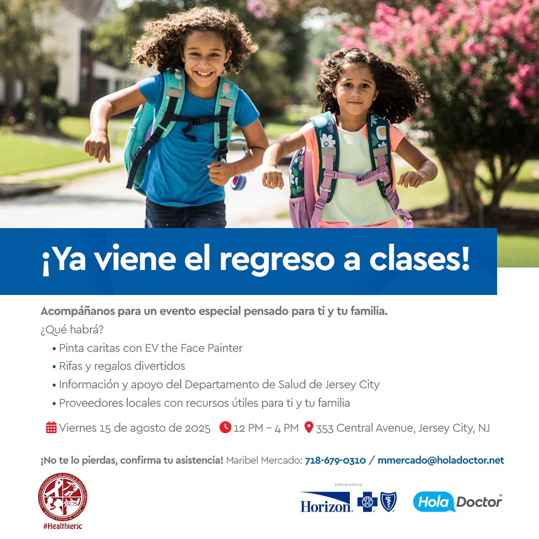 HolaDoctor's tweet photo. ¡Regresa a clases con nosotros!
📍Jersey City
🗓️ 15 de agosto | 12-4 PM

🎨 Face painting
🎁 Rifas y regalos
🏥 Info de salud pública
🤝 Recursos comunitarios

📲 RSVP: Maribel Mercado - 718-679-0310
#BackToSchool #JerseyCity #HolaDoctor #SaludParaTodos https://t.co/nigIbpLQ5P